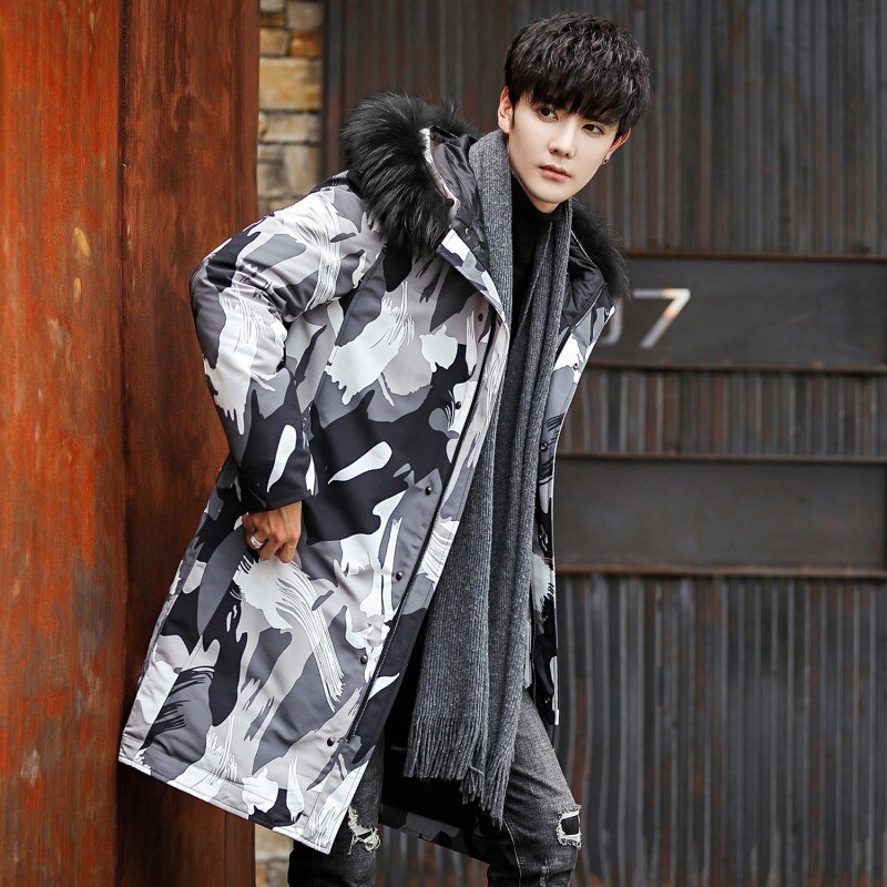 브랜드 남성 두꺼운 다운 재킷 패션 화이트 오리 후드 중간 긴 위장 다운 코트 겨울 따뜻한 아웃웨어 플러스 크기 4XL
